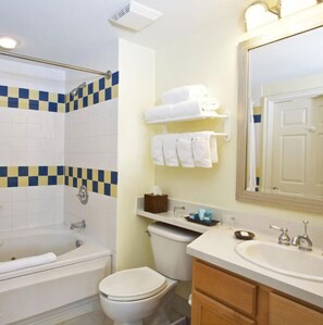 Hair dryer, towels, soap, shampoo