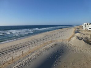 On the beach, sun-loungers