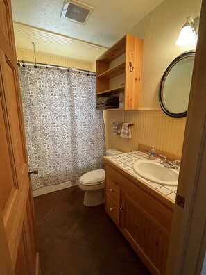 Bathtub, hair dryer, towels, soap