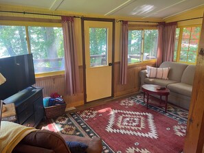 TV, fireplace, video library