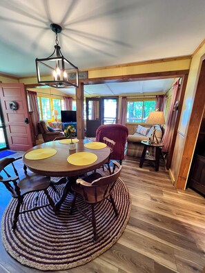 TV, fireplace, video library