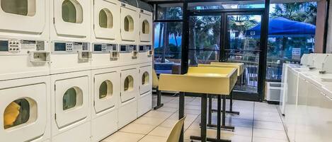 A laundromat with multiple washing machines, chairs, and a view of palm trees outside.