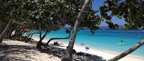 On the beach, sun-loungers, beach towels