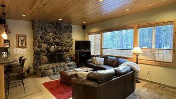 Älytelevisio, takka, DVD-soitin, stereot