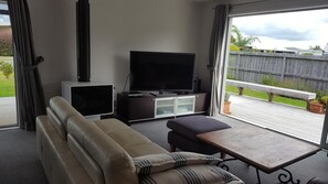 TV, fireplace, books, stereo