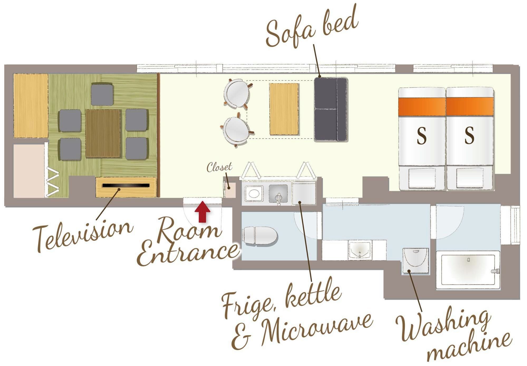 A floor plan of a hotel room with a television, sofa bed, closet, kitchenette, and washing machine.