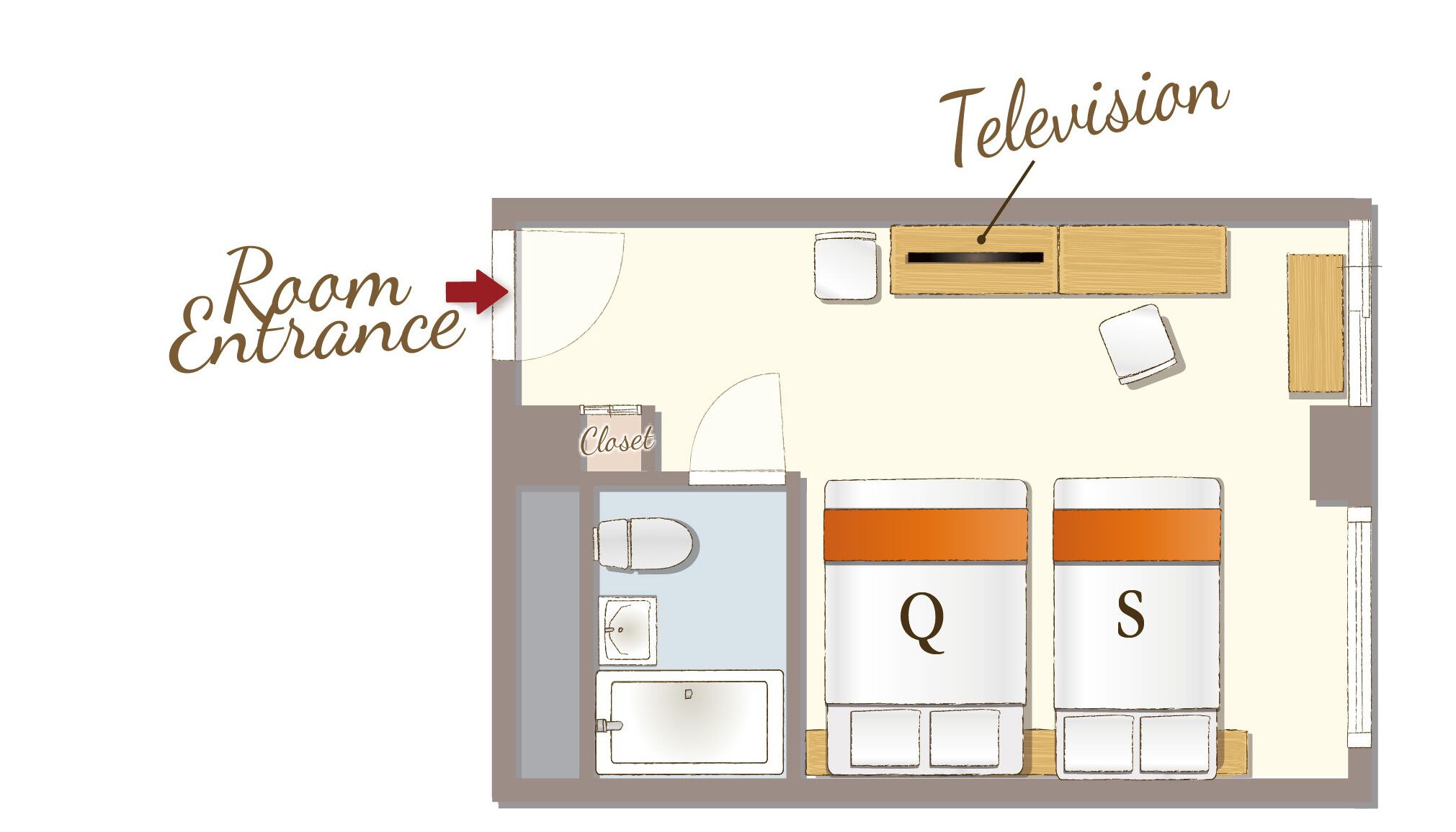 A room layout with a television, a room entrance, a closet, and a bathroom.