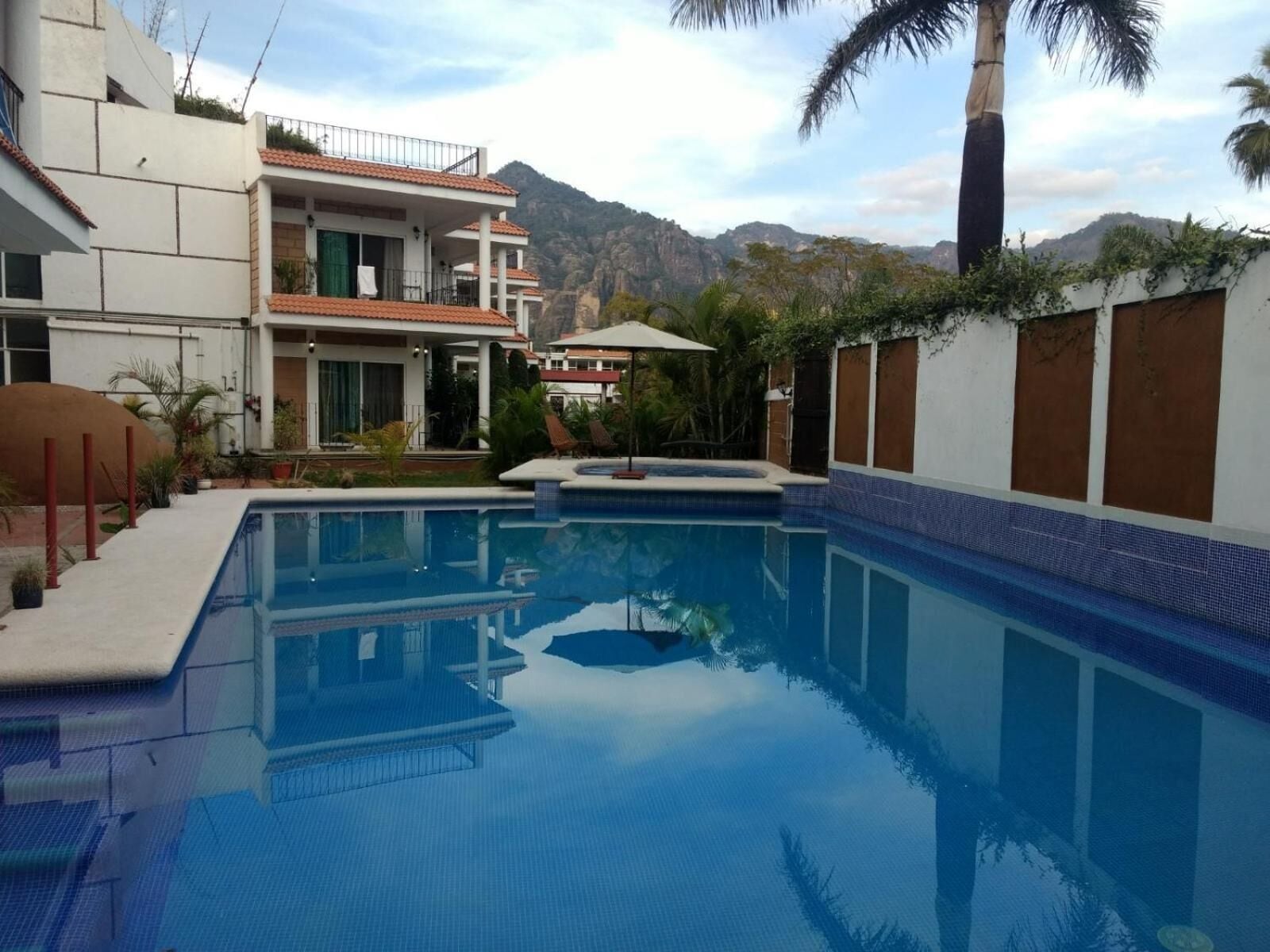 Une piscine avec vue sur les montagnes, entourée d’immeubles dotés de balcons et agrémentée d’un palmier.