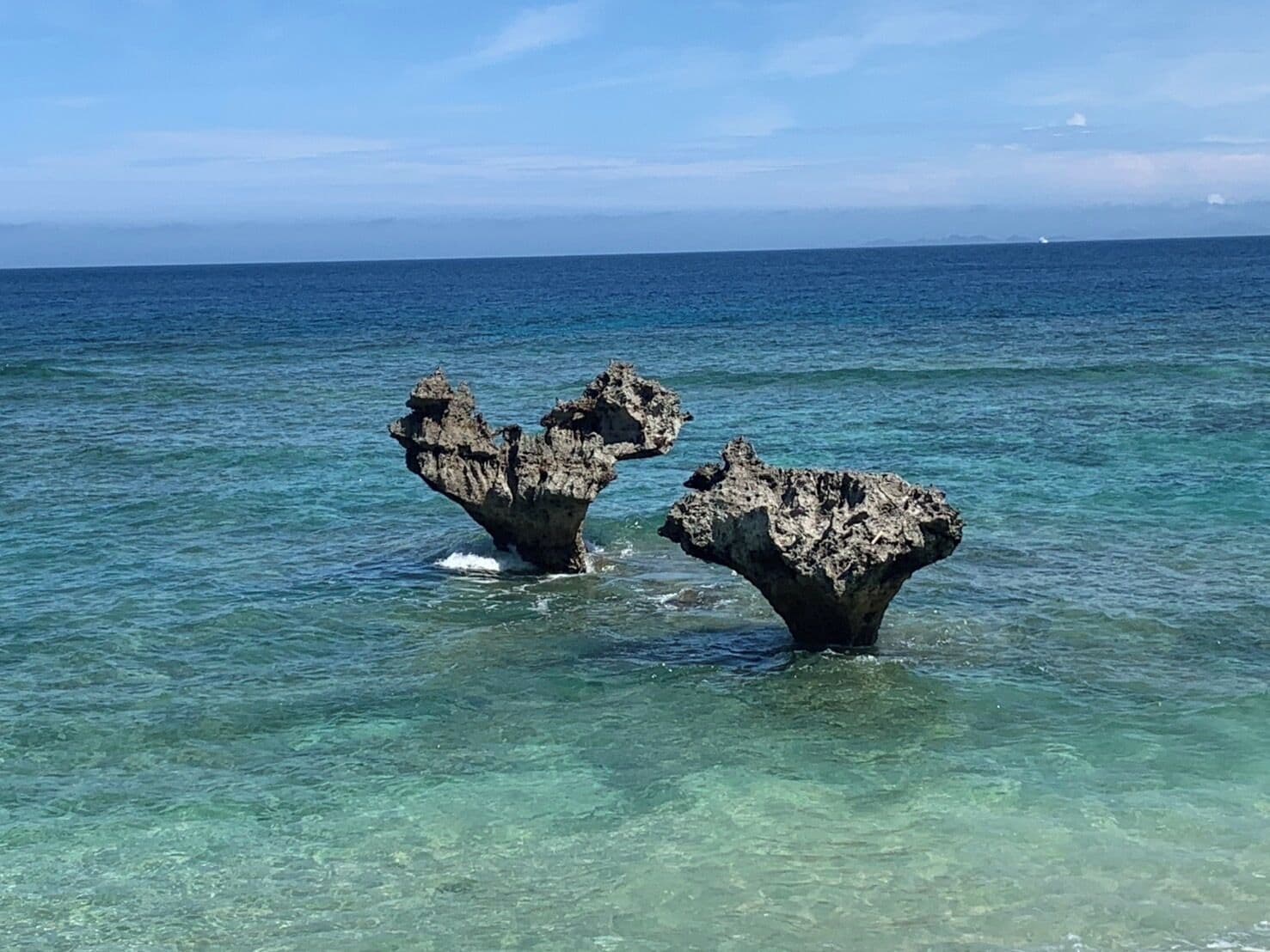 On peut clairement distinguer une côte rocheuse avec deux formations rocheuses imposantes qui émergent de l’eau.