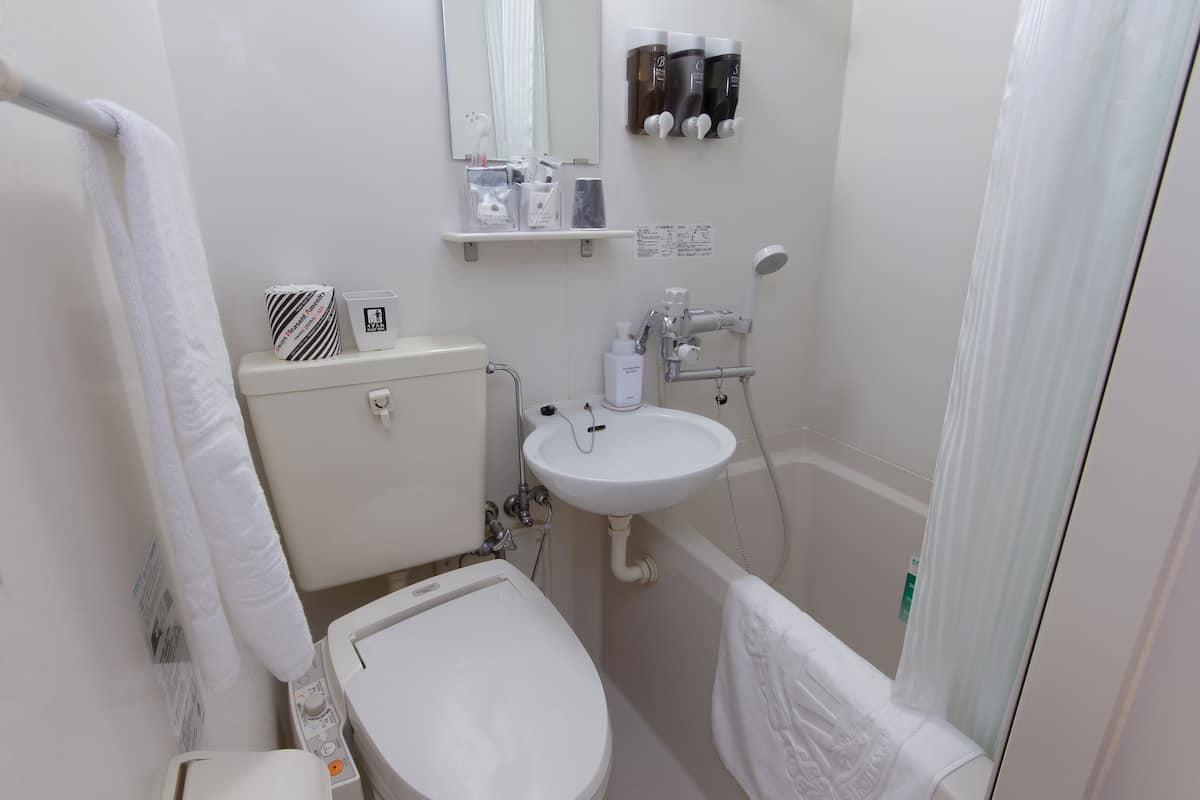 combined shower/bathtub, deep-soaking bathtub, free toiletries