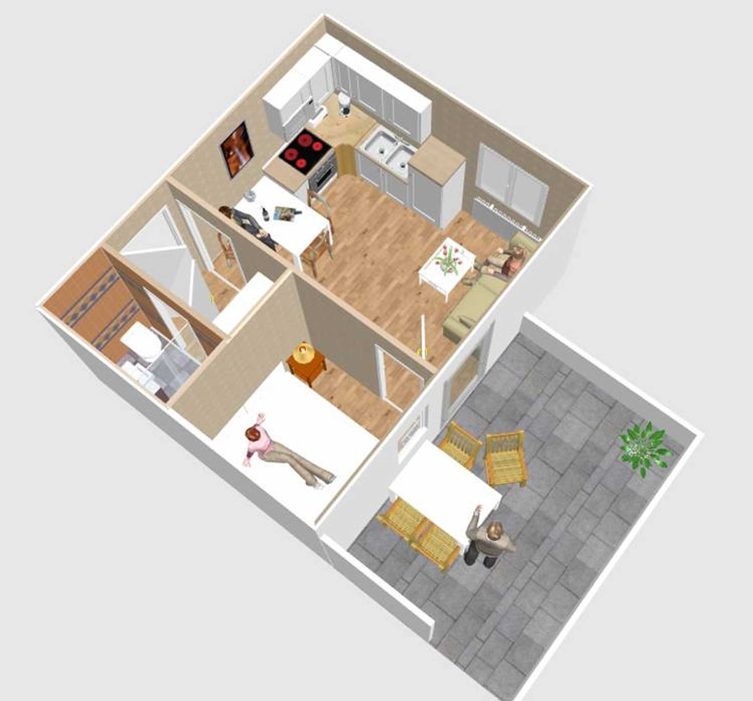 A 3D floor plan of a hotel room with a kitchen, a dining area, a living room, and a balcony.
