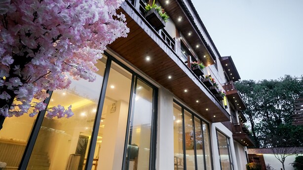Un bâtiment moderne doté de grandes fenêtres en verre, d’une terrasse en bois et d’un cerisier en fleurs au premier plan.