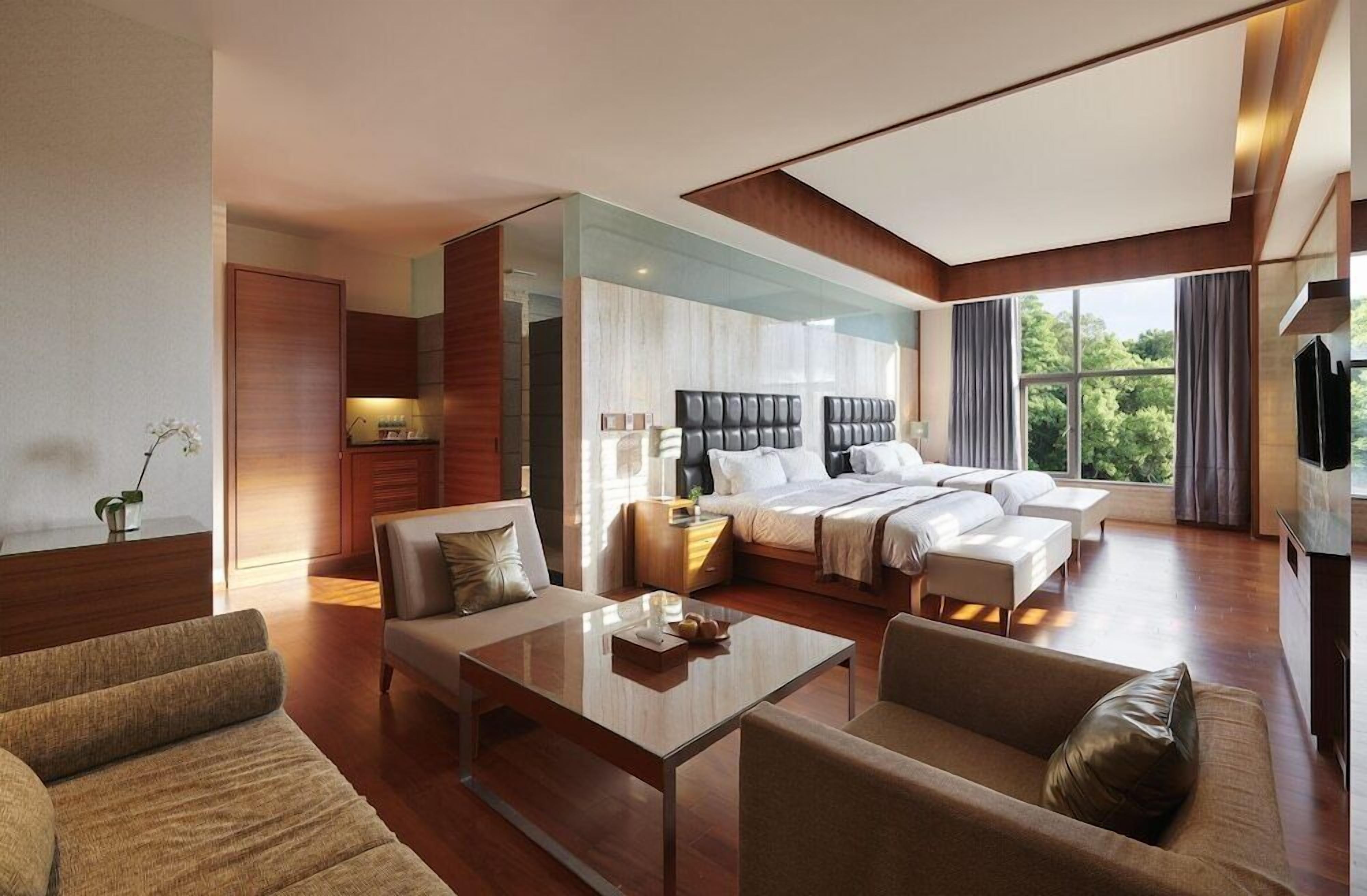 Desk, blackout drapes, rollaway beds (surcharge), WiFi (free)