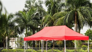 A swimming pool with a red canopy and metal railings, surrounded by palm trees and greenery.