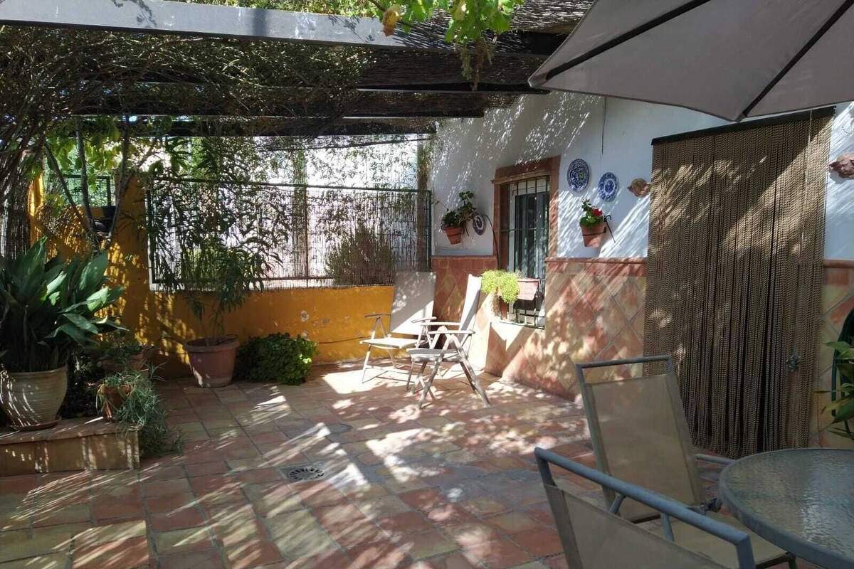 A patio with tiled flooring, outdoor furniture, and potted plants.
