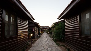 A narrow stone pathway flanked by wooden cabins with large windows and a central building in the background. - Cuhadar Ahsap Evleri (Datça)