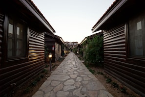 A narrow stone pathway flanked by wooden cabins with large windows and a central building in the background. - Cuhadar Ahsap Evleri (Datça)