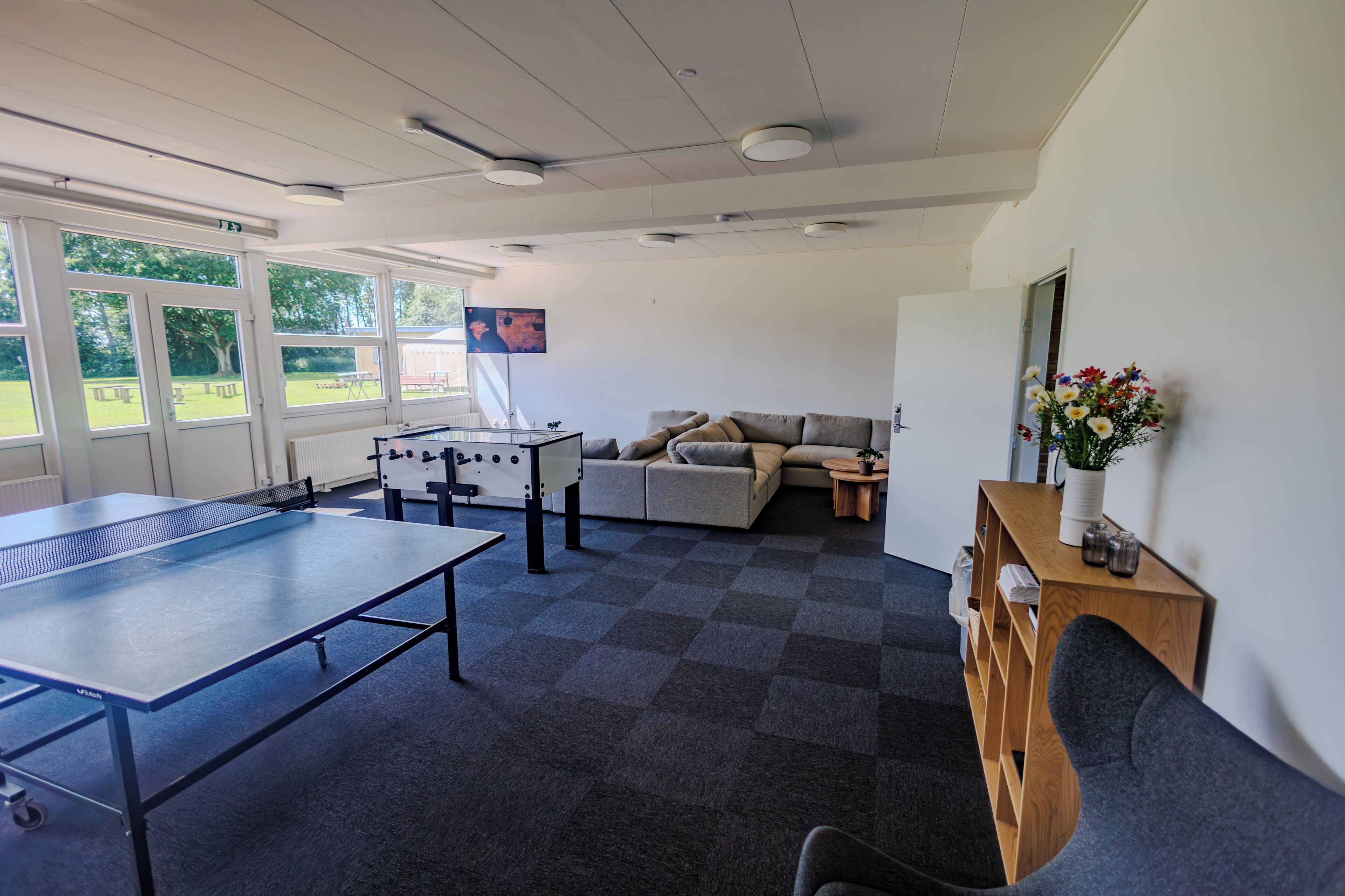 Una habitación con mesa de ping pong, mesa de futbolín, sofá, pequeña mesa con planta y televisor montado en la pared.
