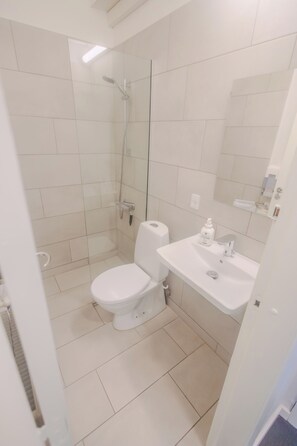 A bathroom with a toilet, sink, mirror, and shower. - Tønder Byferie (Tonder)