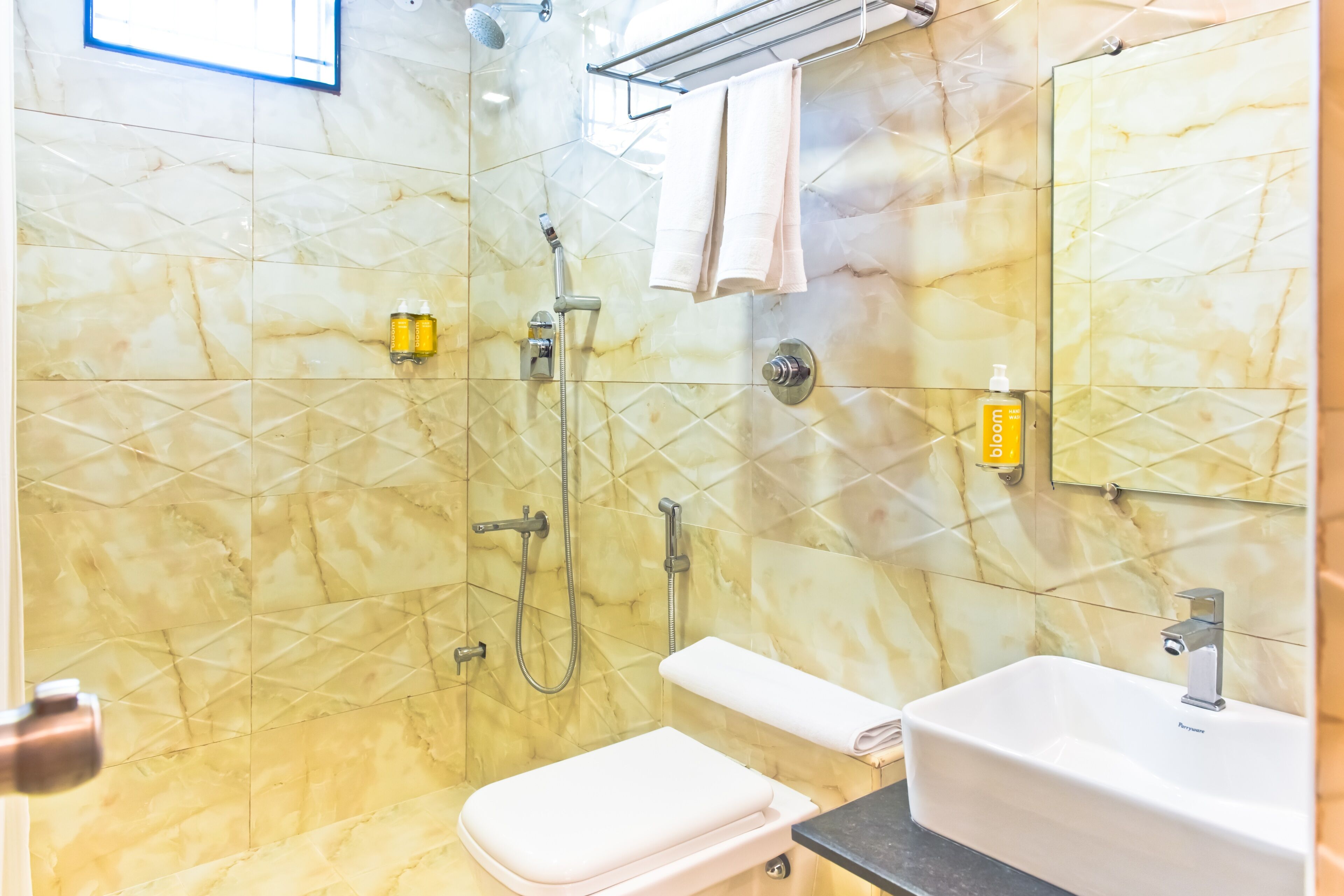 Shower, free toiletries, hair dryer, towels