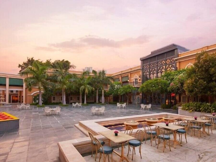 Een terras met tafels en stoelen, omgeven door palmbomen en een gebouw met een modern ontwerp.