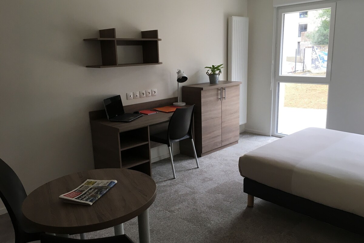 A hotel room with a bed, a desk with a laptop, a chair, a small table with a newspaper, a potted plant, and a window with a view.