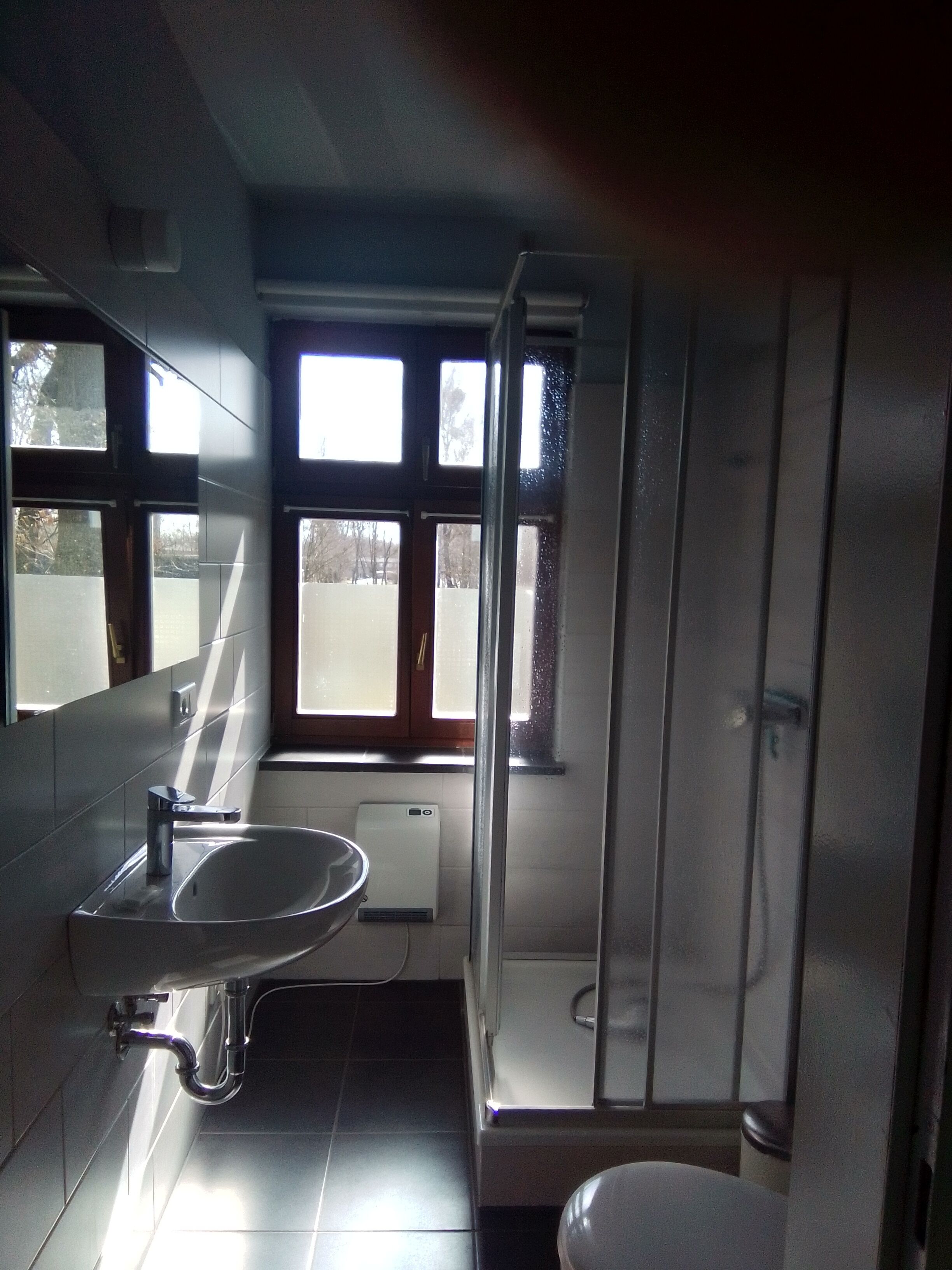 Un baño con lavamanos, espejo y ducha.