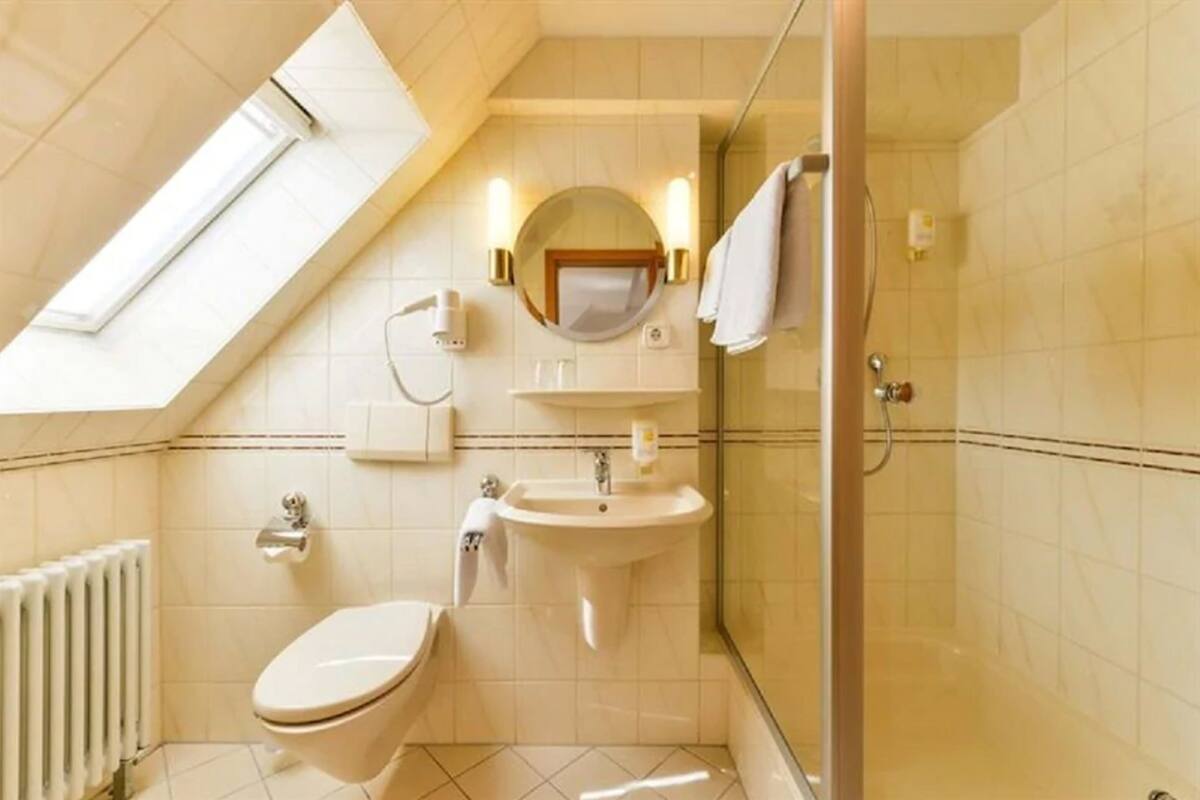 A compact bathroom with a skylight, a toilet, a sink, and a shower.