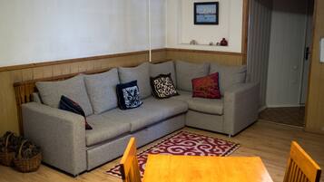 A living room with a grey sectional sofa, a wooden dining table, and a patterned rug.