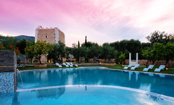 Outdoor pool, pool umbrellas, pool loungers