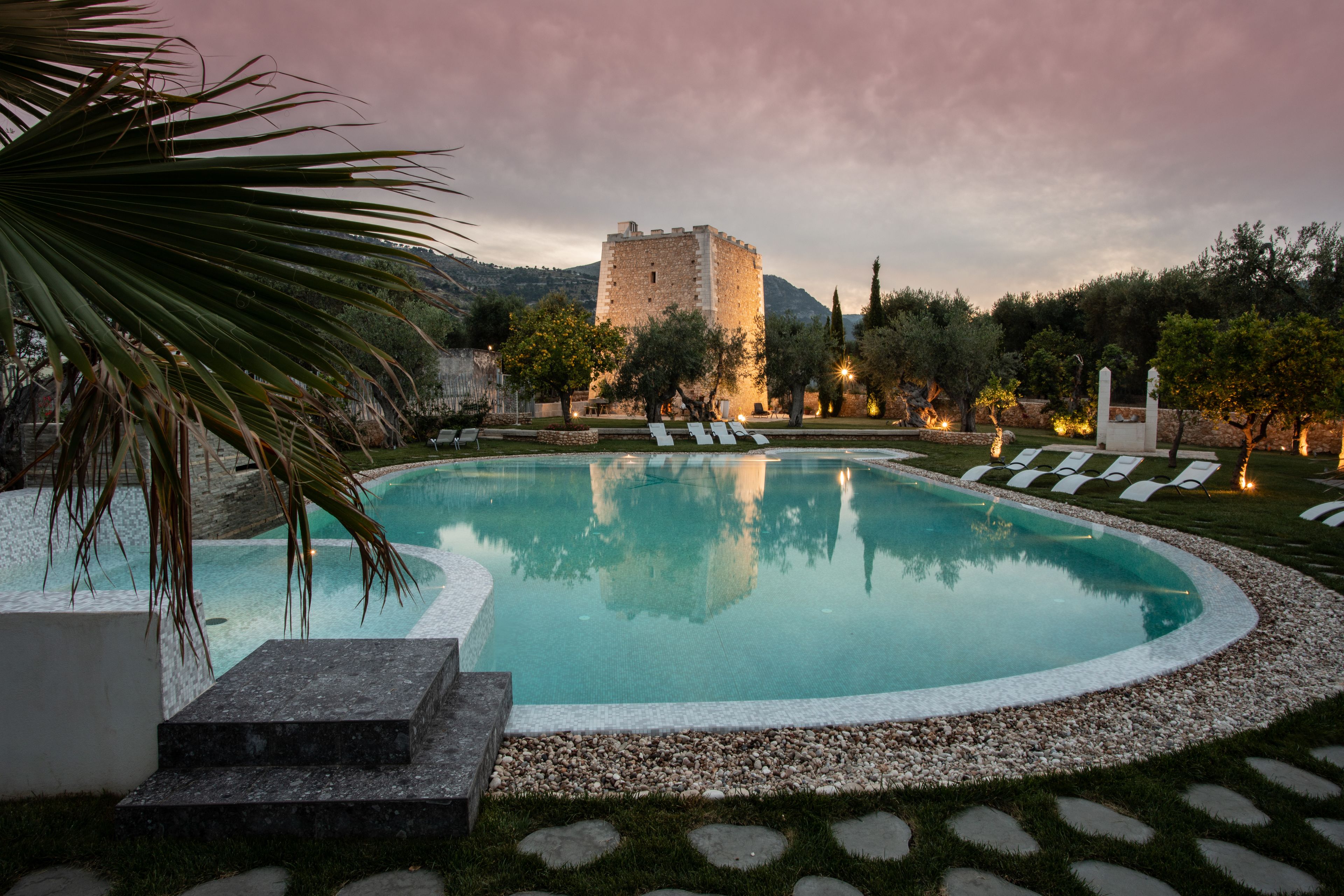 outdoor pool, pool umbrellas, pool loungers