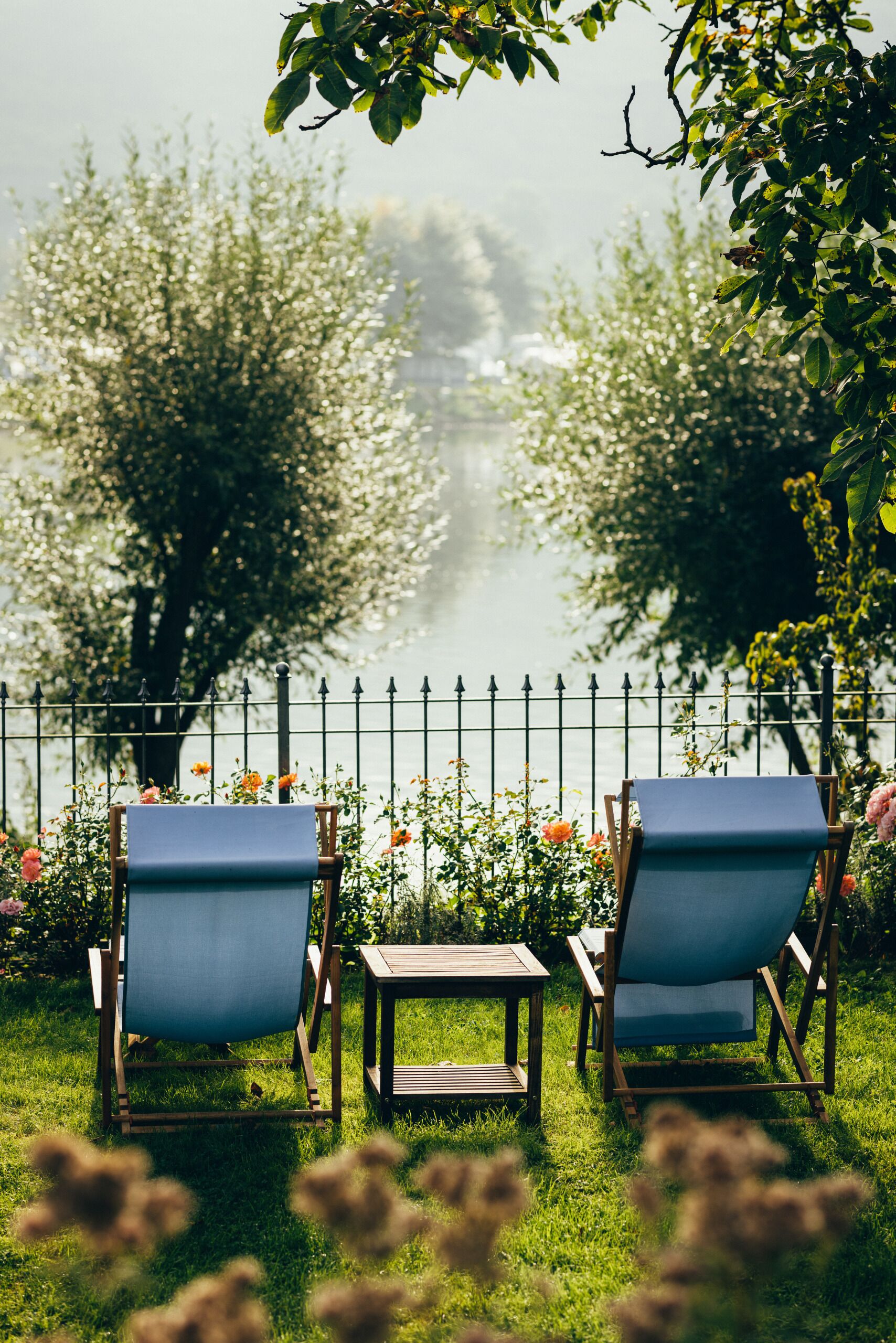 Two wooden chairs with blue cushions and a small wooden table in a grassy area with a metal fence and flowering plants.