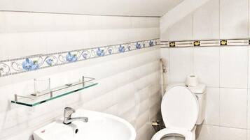 Shower, free toiletries, hair dryer, slippers