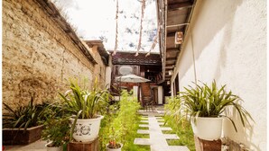 A narrow courtyard with potted plants, a stone pathway, and a wooden staircase leading to a door. - Yi's Hostel (Deqin)