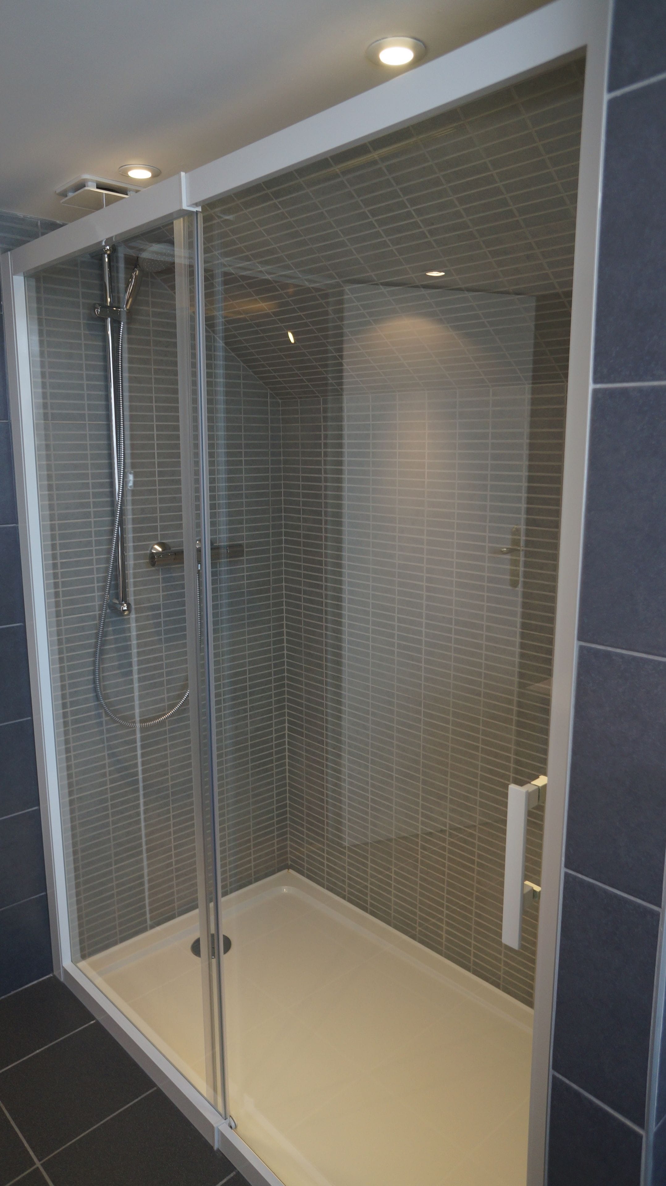 A glass-enclosed shower area with a tiled floor and ceiling, a handheld showerhead, and a control panel.
