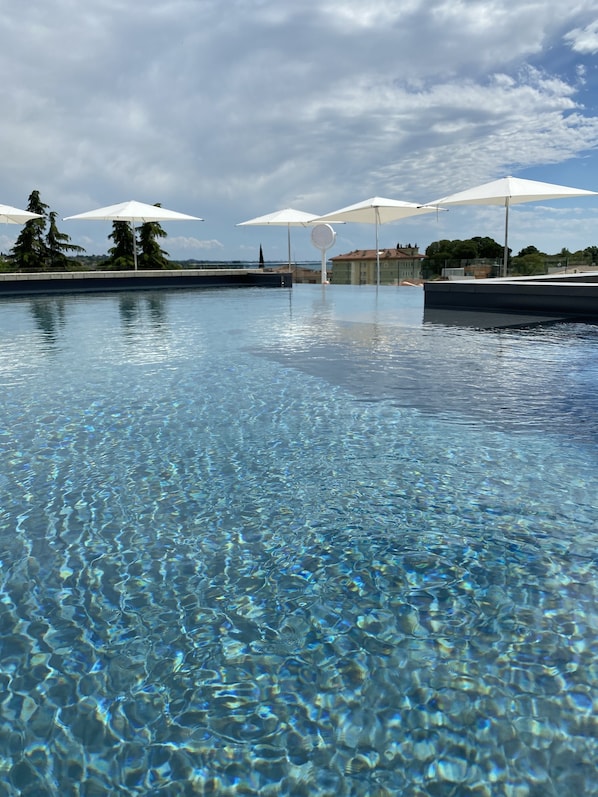 Outdoor pool, pool umbrellas, pool loungers