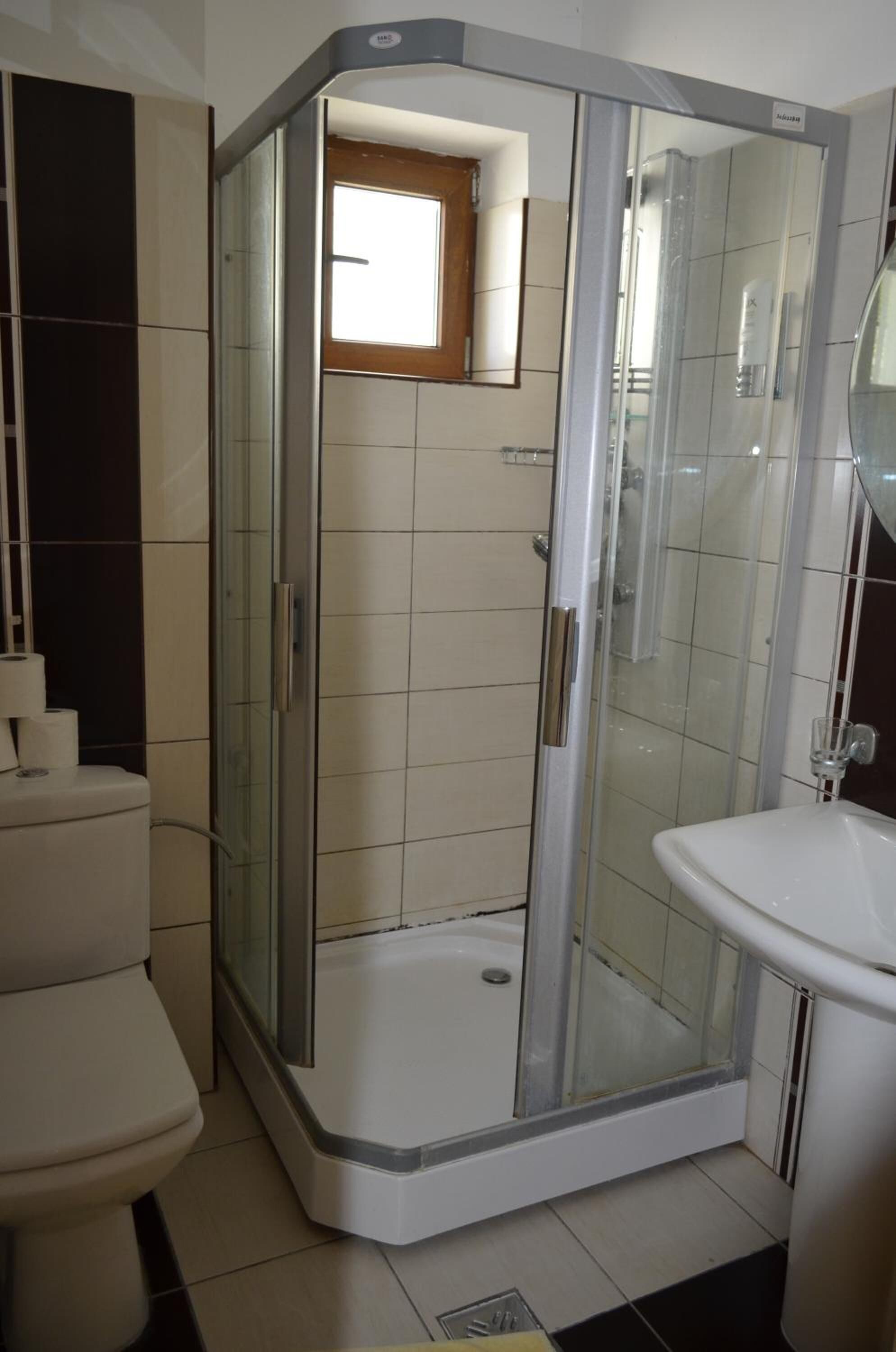 A modern bathroom with a glass-enclosed shower, a toilet, and a sink.