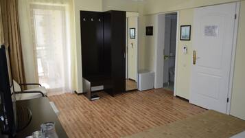 A hotel room with a bed, a desk, a wardrobe, a mirror, a door, and a window with curtains.