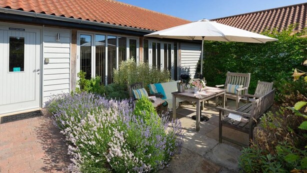 Un patio con una mesa y sillas, rodeado de plantas de lavanda y un paraguas blanco.