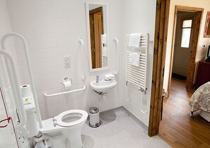 A bathroom with a toilet, sink, and mirror. There is a wooden door leading to another room. - Lackford Lakes Barns (Bury St Edmunds)