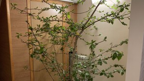 A potted plant in a corner of a room with tiled flooring and a wooden wardrobe. - Inn on Zhytomyrska (Kyiv)