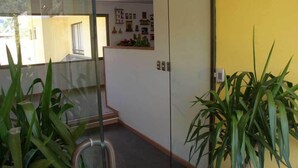 Un interior moderno con separador de vidrio, pared amarilla y plantas en macetas.