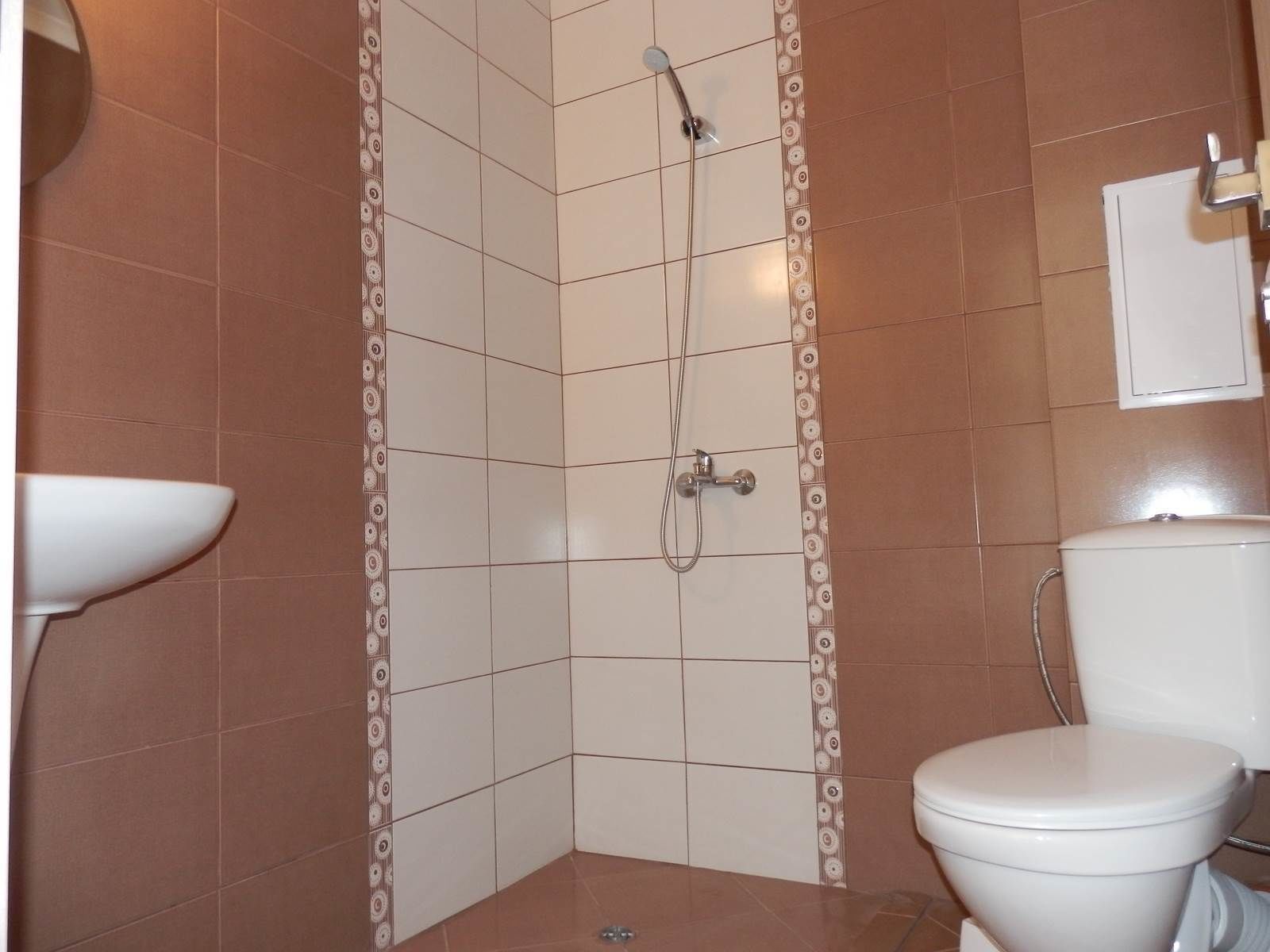 Un baño pequeño con ducha, inodoro y lavabo.