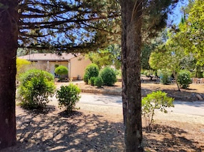 Un barrio residencial con una casa, un camino de entrada y árboles circundantes.