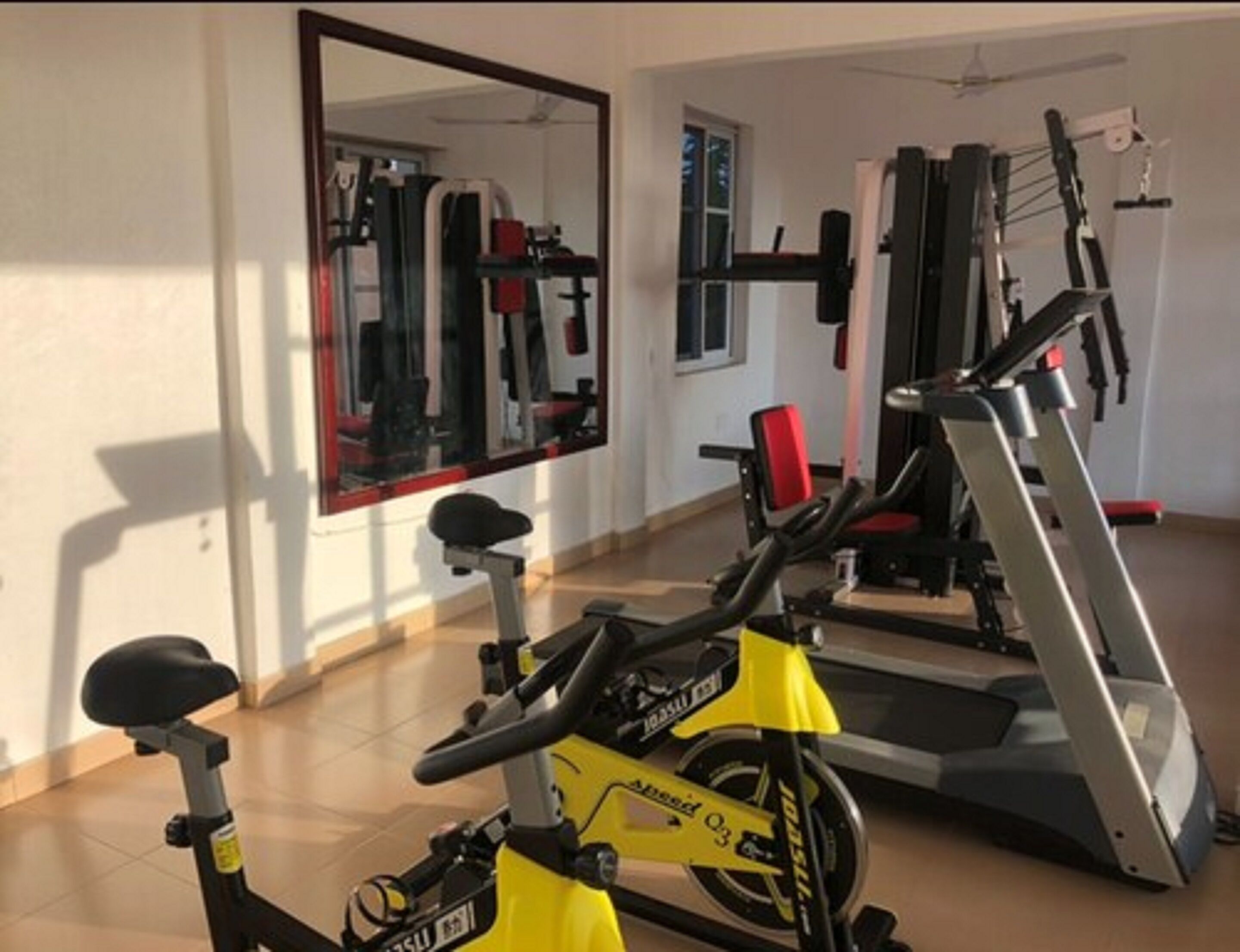Un gimnasio en casa con bicicletas estáticas, una cinta de correr y máquinas de pesas.