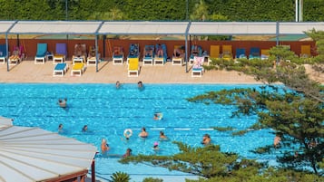 Outdoor pool, pool umbrellas, pool loungers