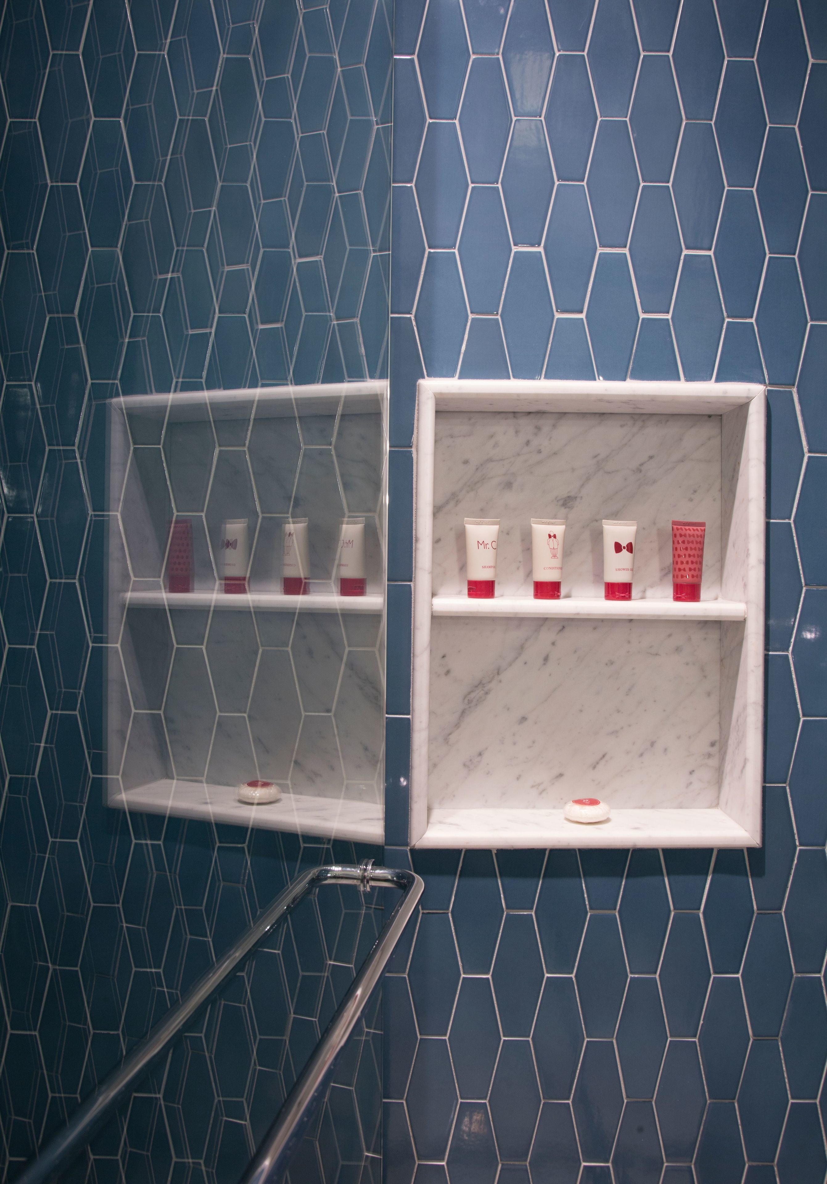 A bathroom with two shelves containing toiletries and a handrail.