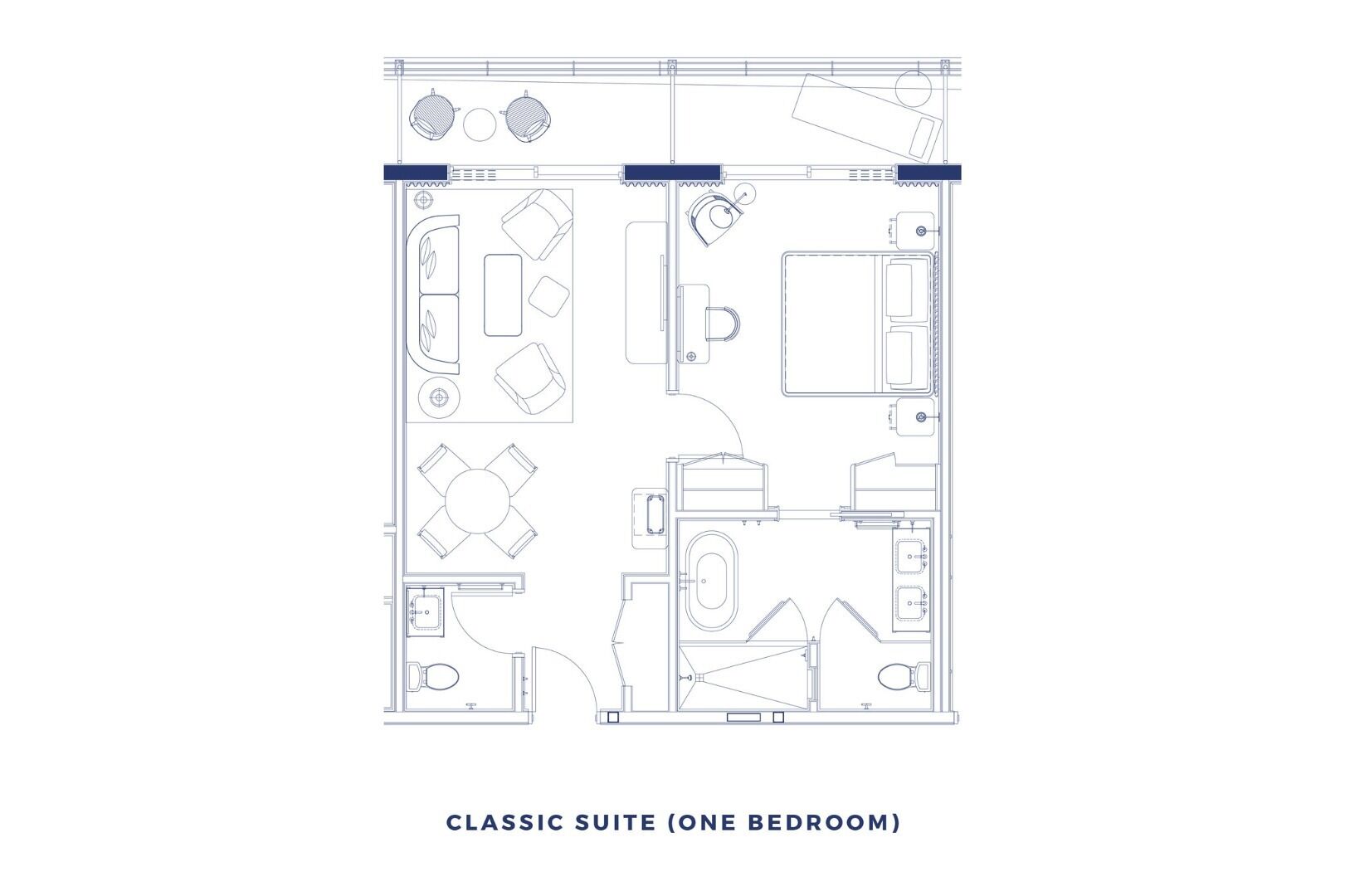 A floor plan of a classic one-bedroom suite with a bathroom, kitchenette, dining area, and a small living space.