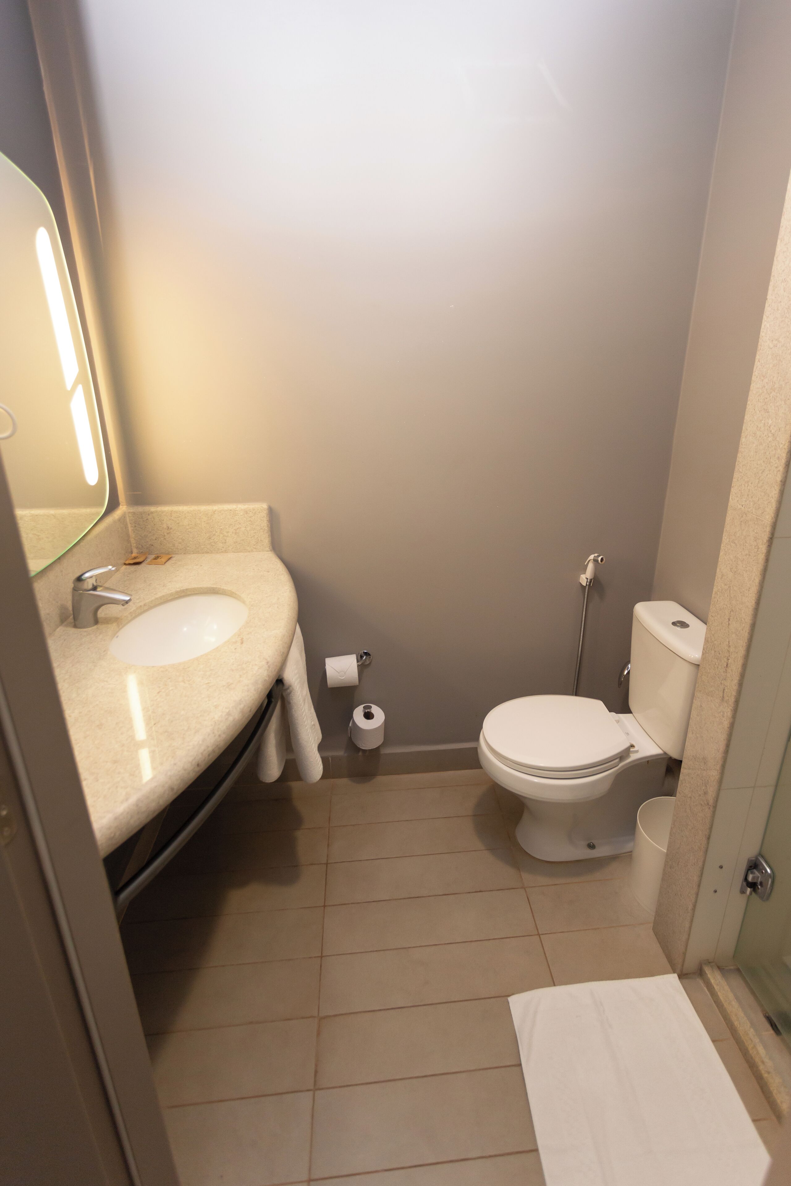 A small bathroom with a sink, toilet, and a mirror.