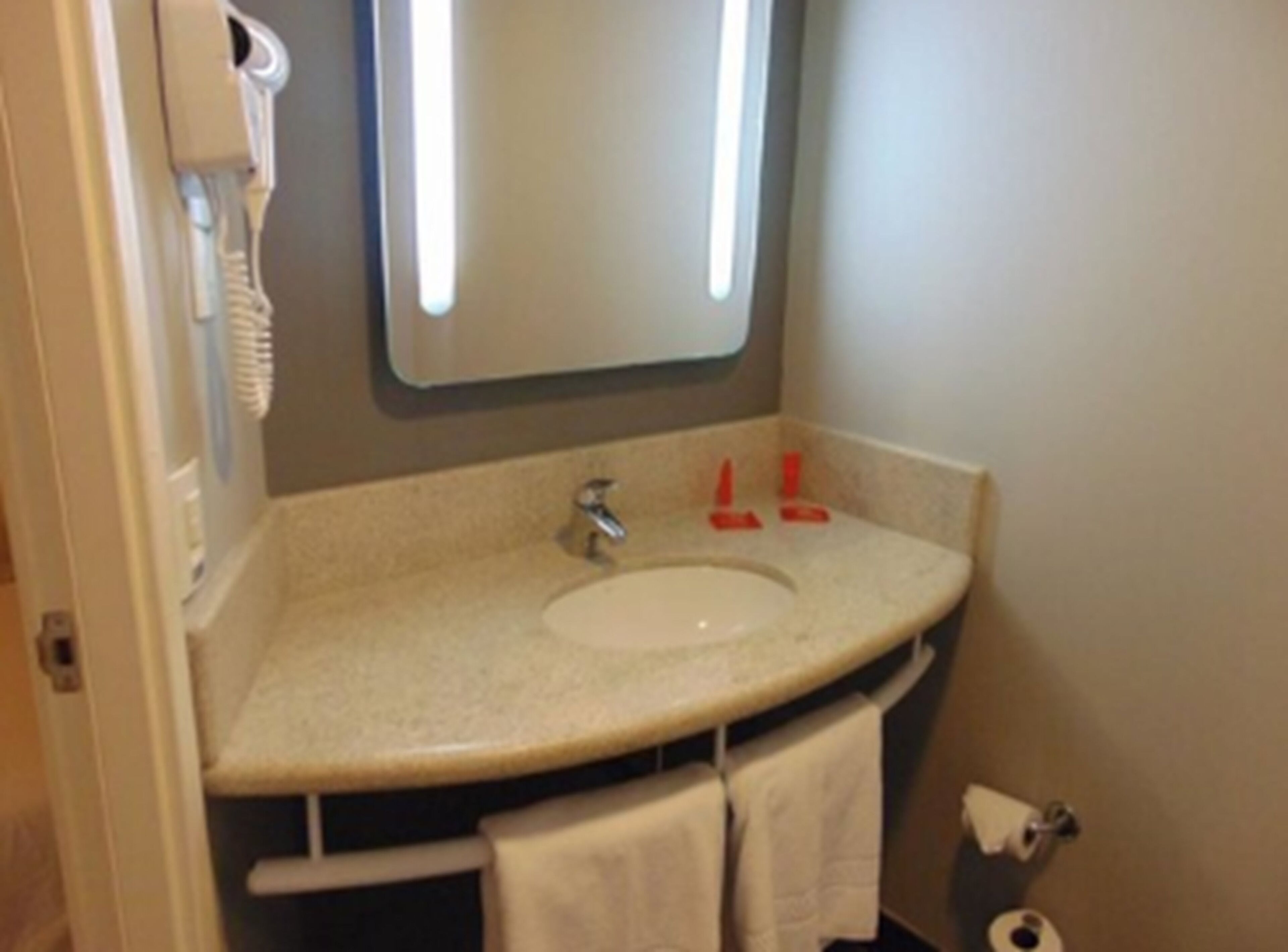 A bathroom with a sink, mirror, and towel rack.